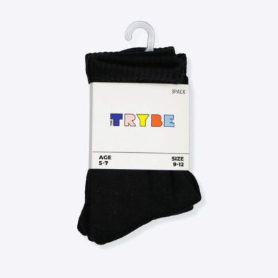 Trybe Socks Half Crew Socks 3 Pack Kids Black Unisex Size 2-4