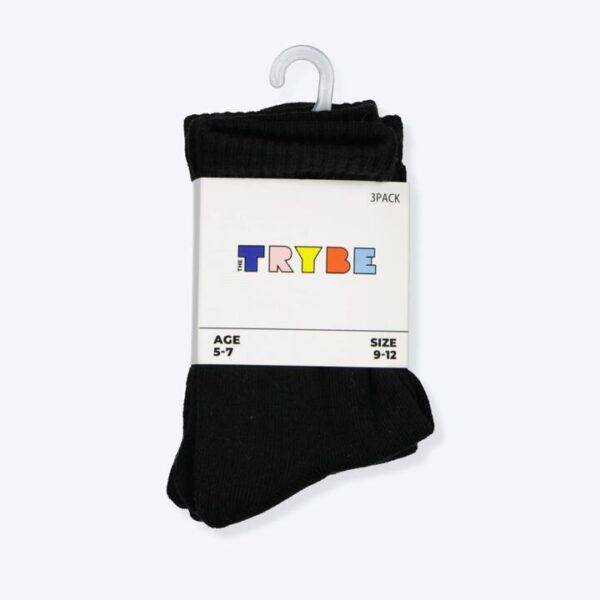 Trybe Socks Half Crew Socks 3 Pack Kids Black Unisex Size 2-4