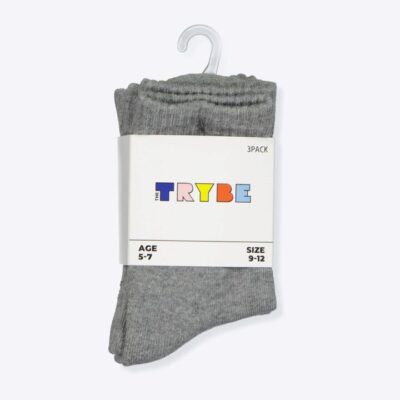 Trybe Socks Half Crew Socks 3 Pack Kids Grey Unisex Size 13-3