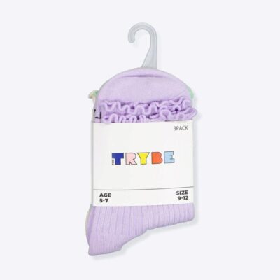 Trybe Socks Frill Sock 3 Pack Kids Purple Green Off White Unisex Size 13-3