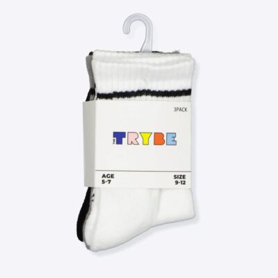 Trybe Socks Sport Stripe Half Crew Sock 3 Pack Kids White Multi Stripe Unisex Size 3-8