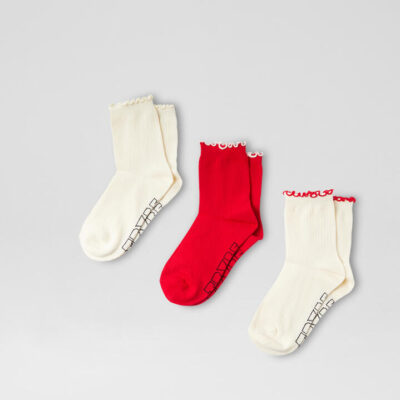 Frill 3 Pack White Red Cotton Socks