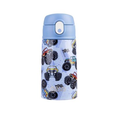 Oasis Stainless Steel Double Wall Insulated Kid's Drink Bottle with Sipper Straw (400ml) - Monster Trucks