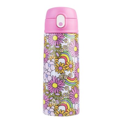 Oasis Stainless Steel Double Wall Insulated Kid's Drink Bottle with Sipper Straw (550ml) - Flower Power