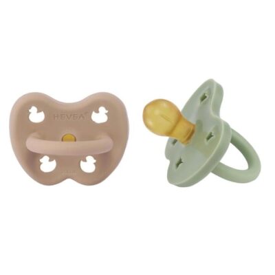 Hevea Round Teat Pacifiers Tan Beige & Moss Green 2 Pack (3 to 36M)